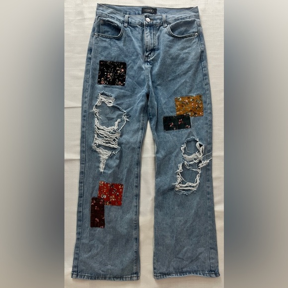 Cider Floral Patchwork Distressed Blue Jeans Size Large - Picture 1 of 9